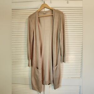 Halogen Women's L Beige/Tan/Kaki Linen Blend Open Front Duster Cardigan.